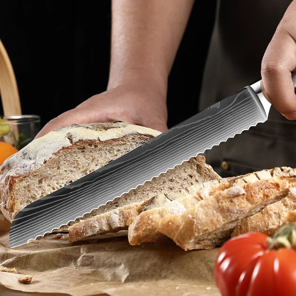 Cuchillo con patrón damasco y mango de madera de colores – vista 5